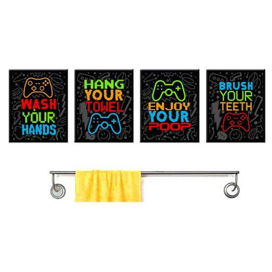 Silly Goose Gifts Video Gamer Themed Bathroom Reminders Wall Art Print Decor Decoration Game (Set of 4) Bright Neon Gaming