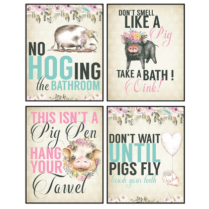 Silly Goose Gifts Hogs Pig Piggy Art Print Watercolor Design Wall Decor Set (Bathroom Set)