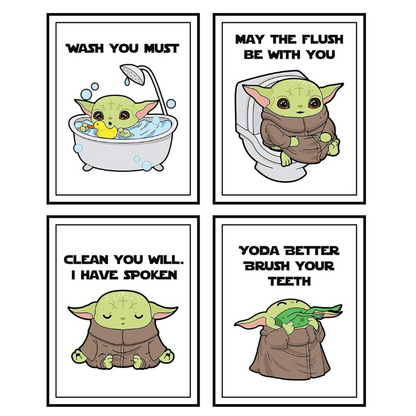 Silly Goose Gifts This Is The Way Bounty Hunter Bathroom Wall Art Print Set - Baby Yoda Movie Themed Bathroom Decor - Funny Bathroom Reminders Quotes - Posters for Walls - Set of 4 (Baby Yoda)