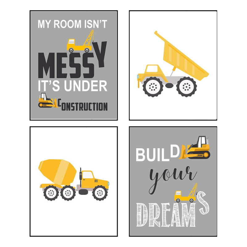 Grey Construction Truck Themed Art Print Room Wall Decoration