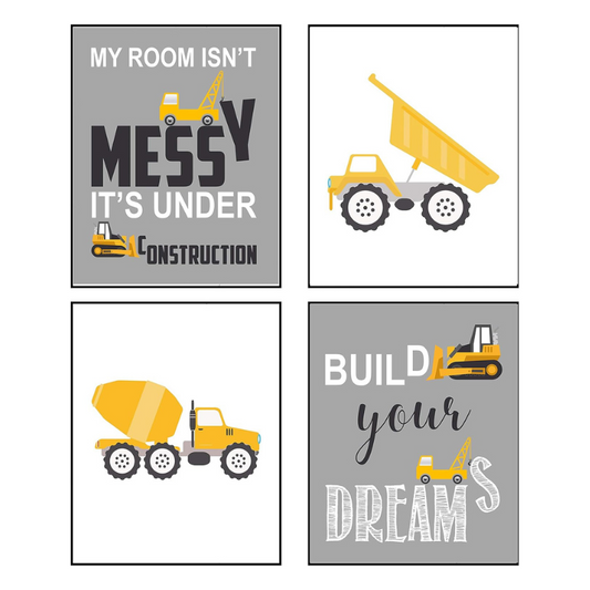 Silly Goose Gifts Grey Construction Truck Themed Art Print Room Wall Decoration (Set or Four) No Frames Decor Poster