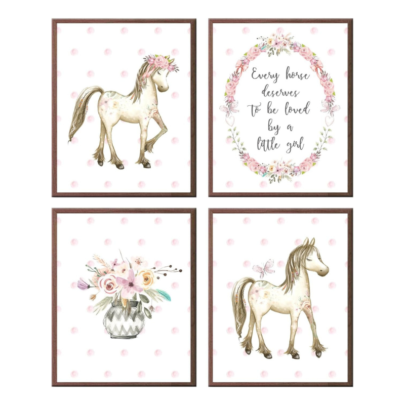 Horse Wall Art " Every Horse Deserves To Be Loved By A Little Girl " Pink Flowers Pony (Set of 4 Prints)