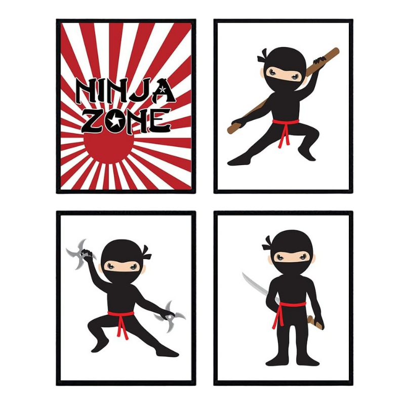 Ninja Zone Star Red White Black Wall Art Decor (Set of Four) Room Decoration