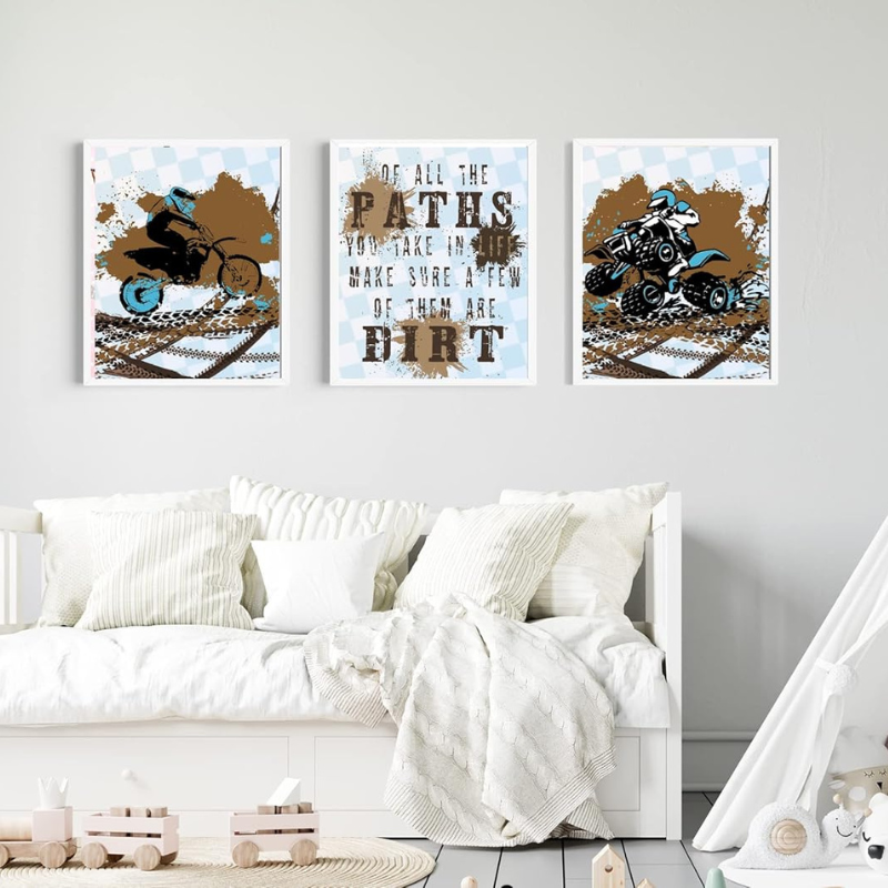 Silly Goose Gifts Dirt Bike Motorcycle ATV Themed Bedroom Room Wall Decor Art Prints Blue Brown