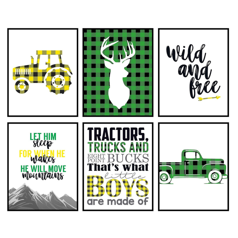 Silly Goose Gifts Green Yellow Black Buffalo Plaid Deer Tractor Truck Themed Children Wall Decor (Set of Six) Stag Hunting