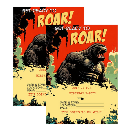 Silly Goose Gifts Vintage Monster Gorilla Comic Type Party Supply Invites - Get Ready To Roar! Kids Birthday Parties Supplies - Bulk Cards with Envelopes Pack - Made in USA - Includes Set Of 12