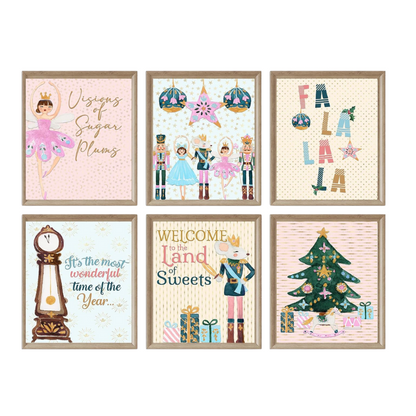 Silly Goose Gifts Visions of Sugar Plums - Nutcracker Themed Christmas Holiday Room Wall Art Prints (Set of 6) Land of Sweets Character Ballet Picture Decor