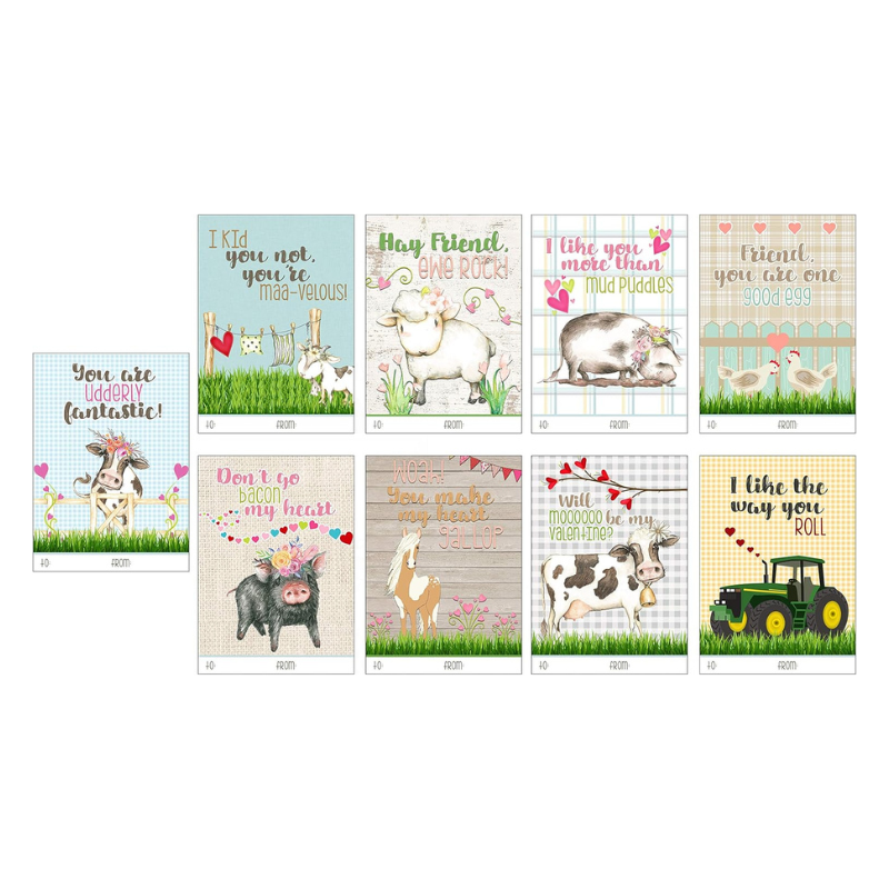 Country Farm Animal Themed Valentine's Day Kids Sharing Card Set