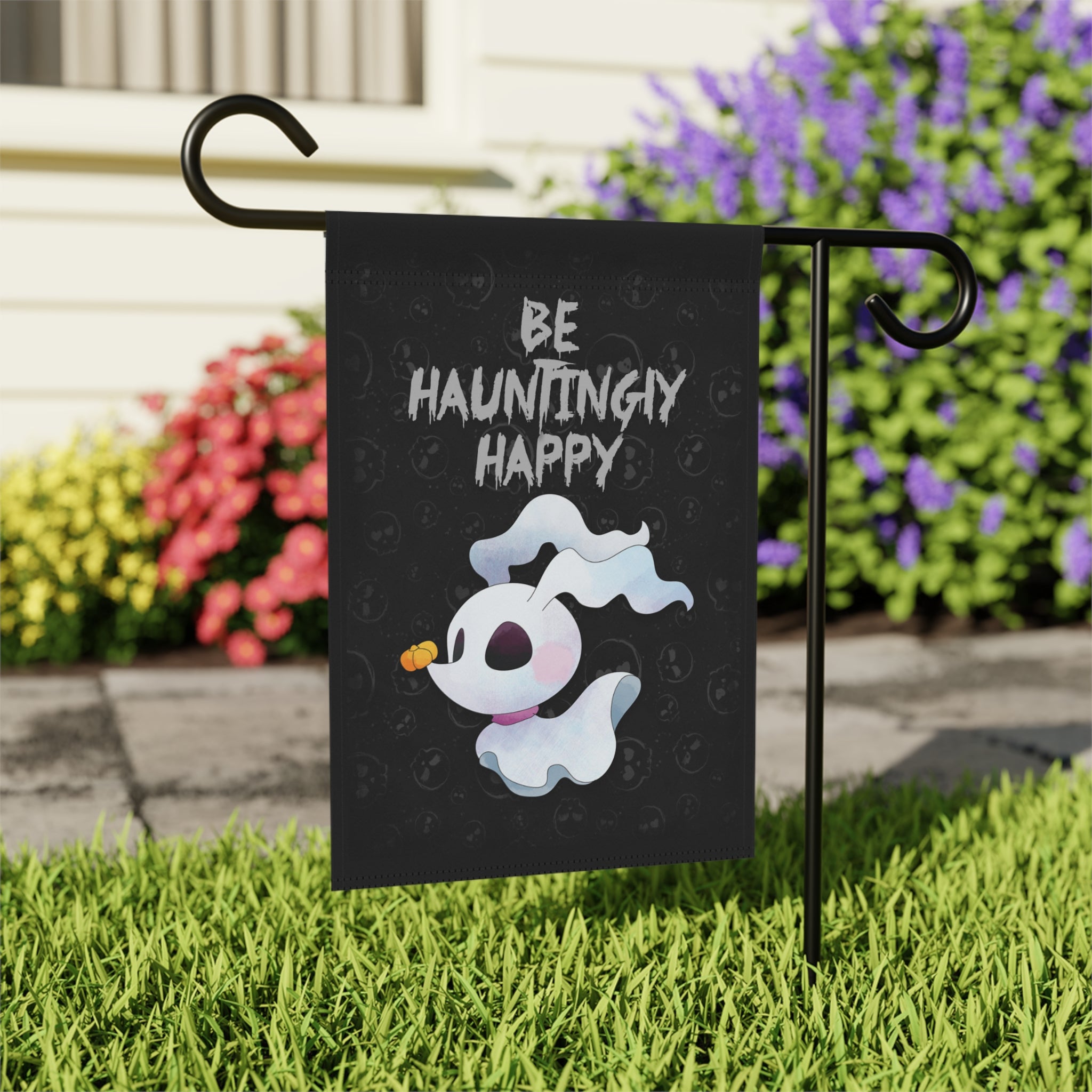Close-up of Be Hauntingly Happy ghost dog garden flag with gothic cute design detail