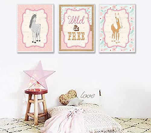 Wild & Free Horse Wall Art Prints - Pink Boho Pony Set of 3