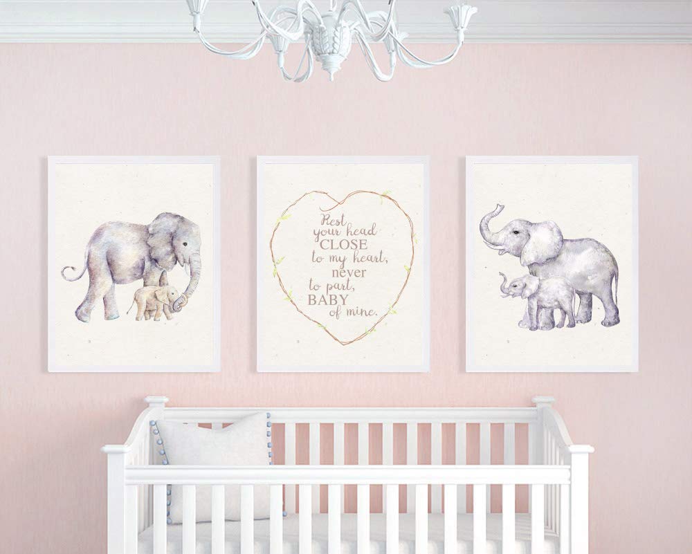 Rest Your Head Elephant Nursery Wall Art Prints - Set of 3, 8x10 Baby Decor