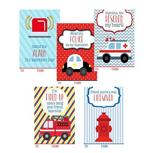 Emergency Vehicle Valentine Day Classroom Sharing Cards (Set of 25) Police Ambulence Firefighter Fire Truck Exchange