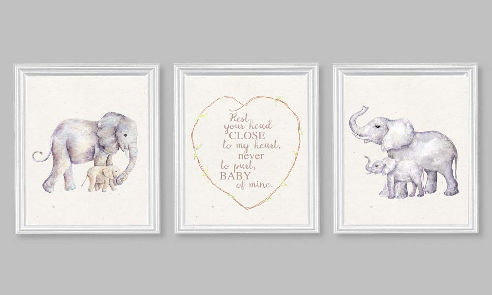 Nursery Art Elephant Wall Print Little Elephant Quote Rest Your Head Close to my Heart (Set of 3) 8x10
