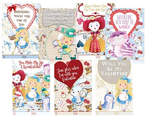 Wonderland tea party themed kids Valentine's Day classroom sharing cards set of 21