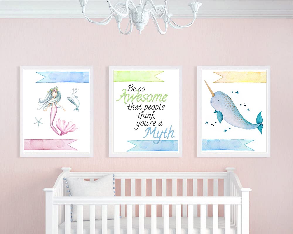 Be So Awesome That Other People Think You Are A Myth Wall Art Print (Set of 3) Mermaid Narwhal Magical Picture Sign