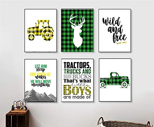 A set of six framed wall art prints featuring green, yellow, and black buffalo plaid designs, with themes related to tractors, trucks, and the outdoors.