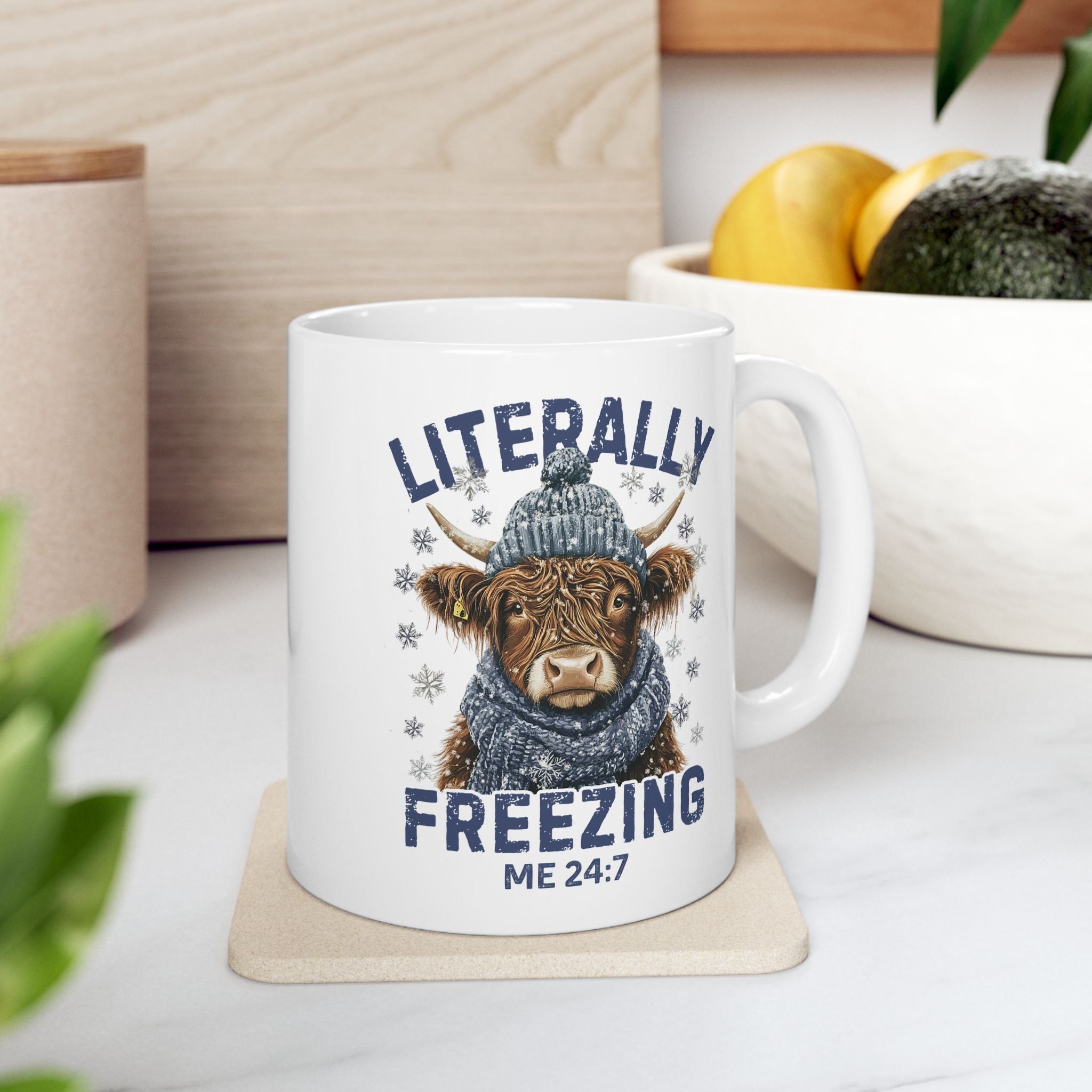 Literally Freezing Me 24/7 Highland Cow Cozy Season Comfort Ceramic Mug