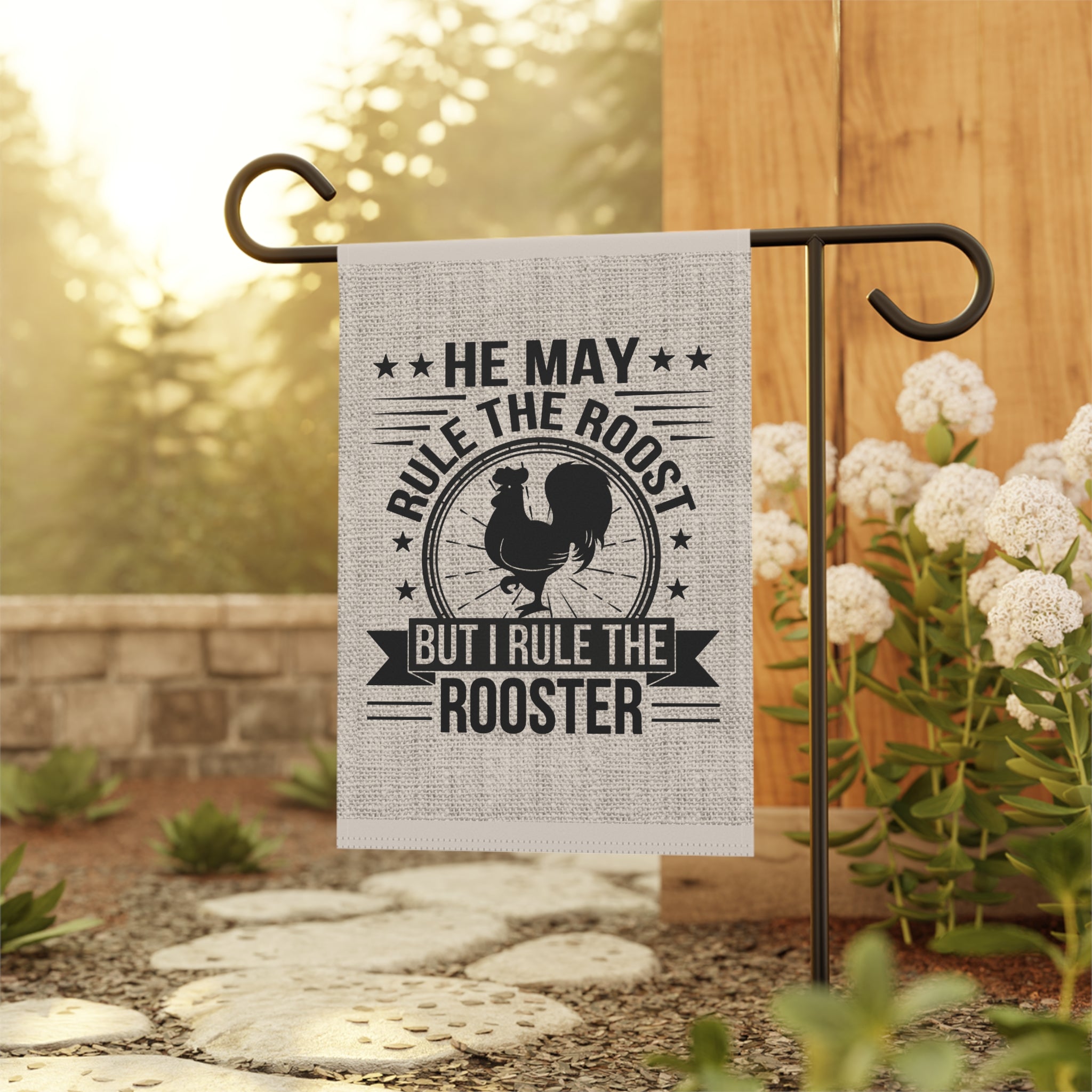 Sassy farmhouse rooster garden flag displayed outdoors on a porch flag stand