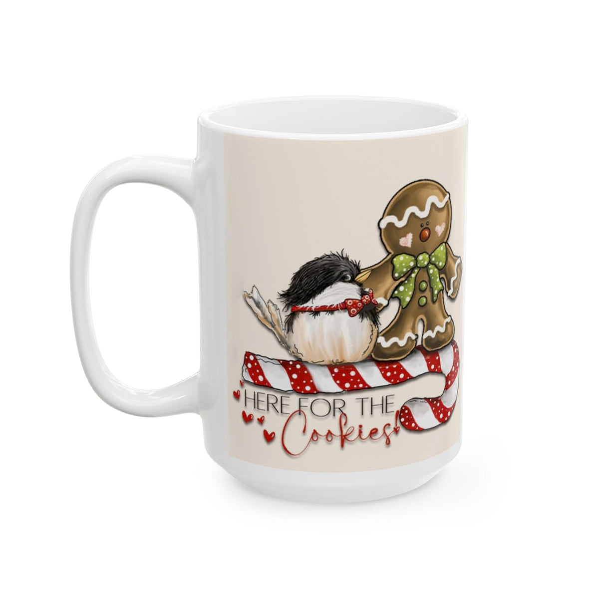 Here For The Cookies - Cute Gingerbread Bird Christmas Mug Drinkware Design (11oz, 15oz)
