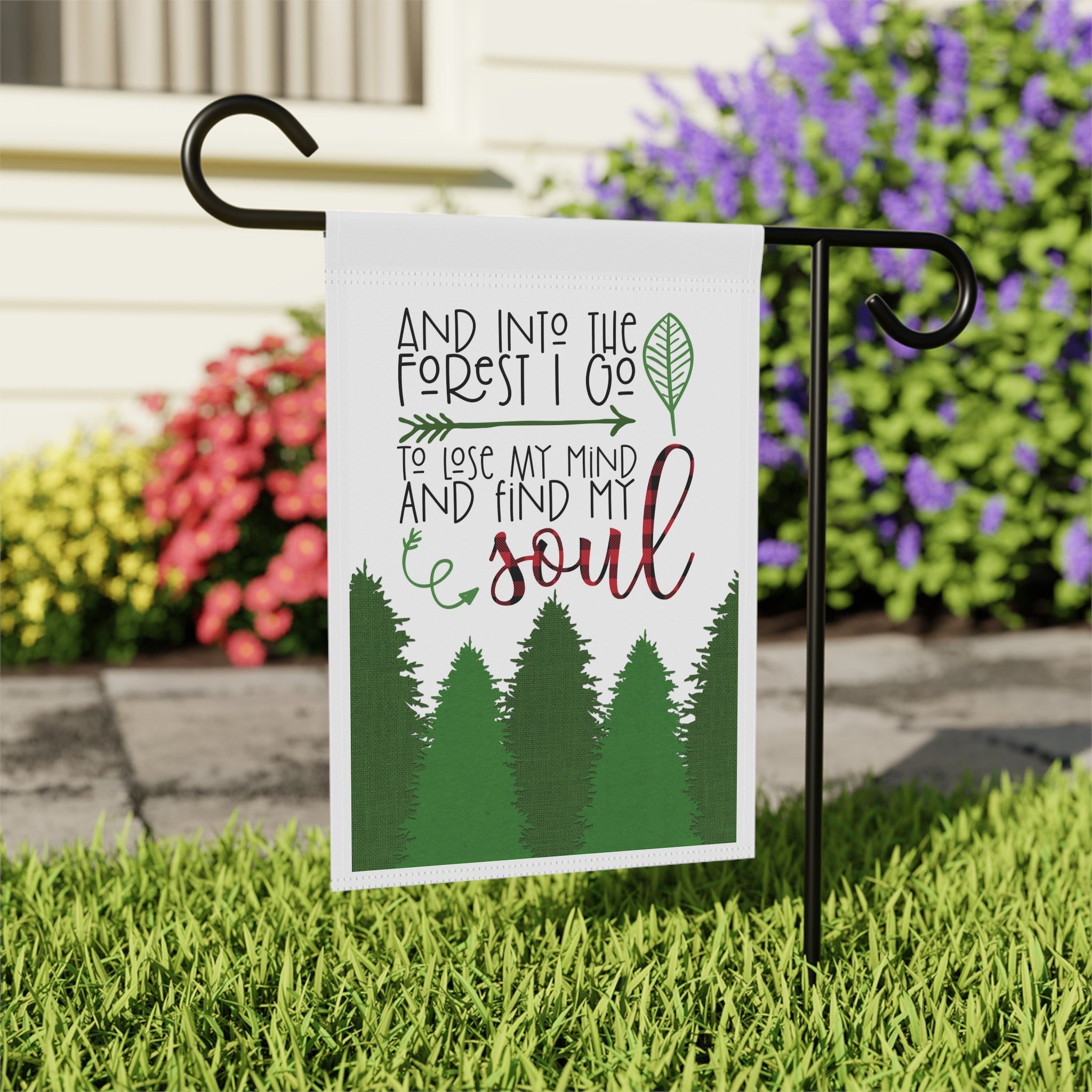 Into The Forest I Go Garden Flag 12x18 – Outdoor Adventure Plaid Yard Decor
