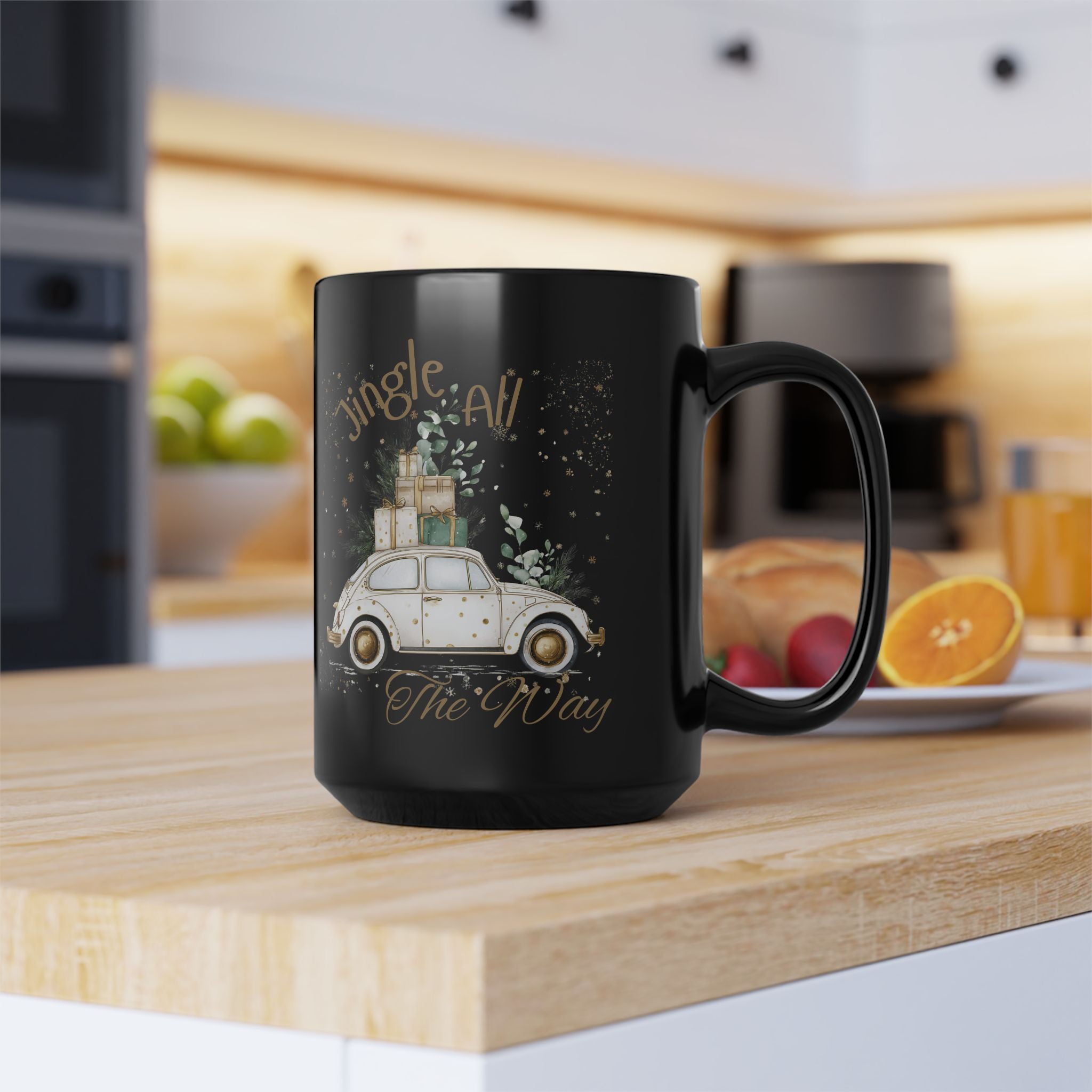 Jingle All The Way Retro Car Delivering Gifts - Black and Gold Mug