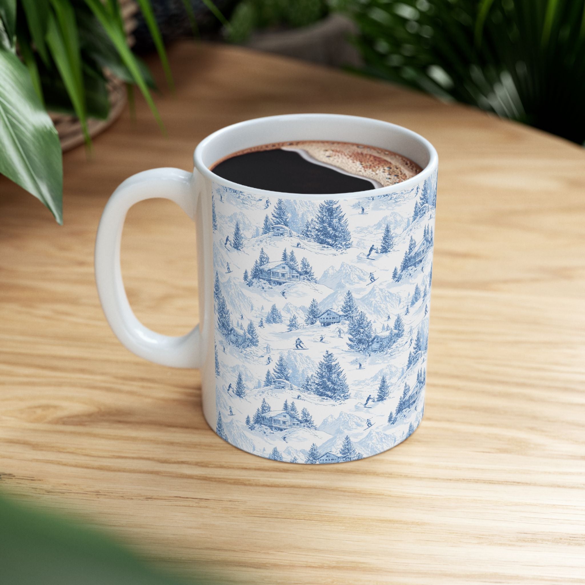 Winter Pines Ceramic Mug — Blue Snowy Ski Mountain Forest Coffee Cup (11oz, 15oz)