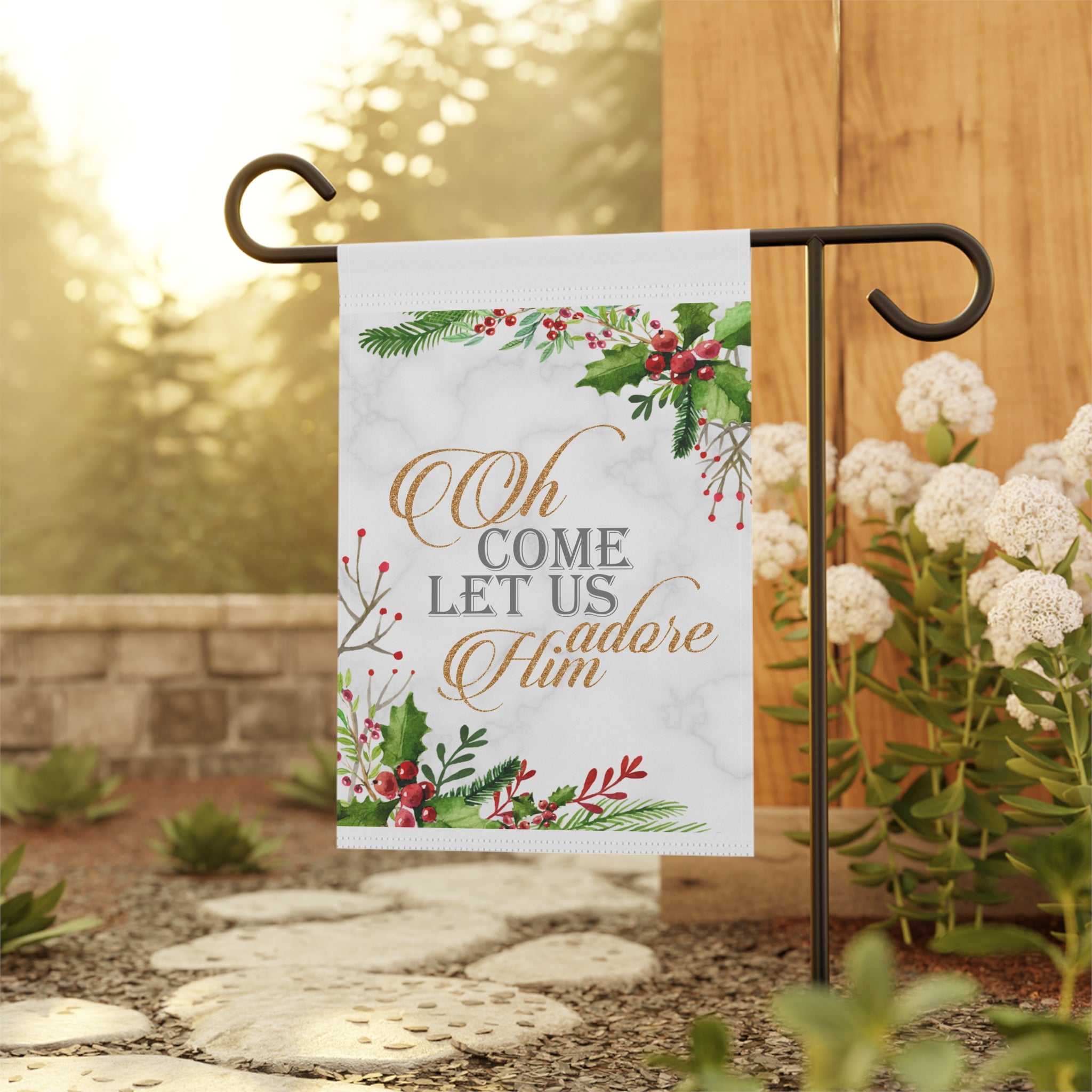 Oh Come Let Us Adore Him Christmas Garden Flag 12x18 – Vintage Heritage Floral Winter Yard Decor