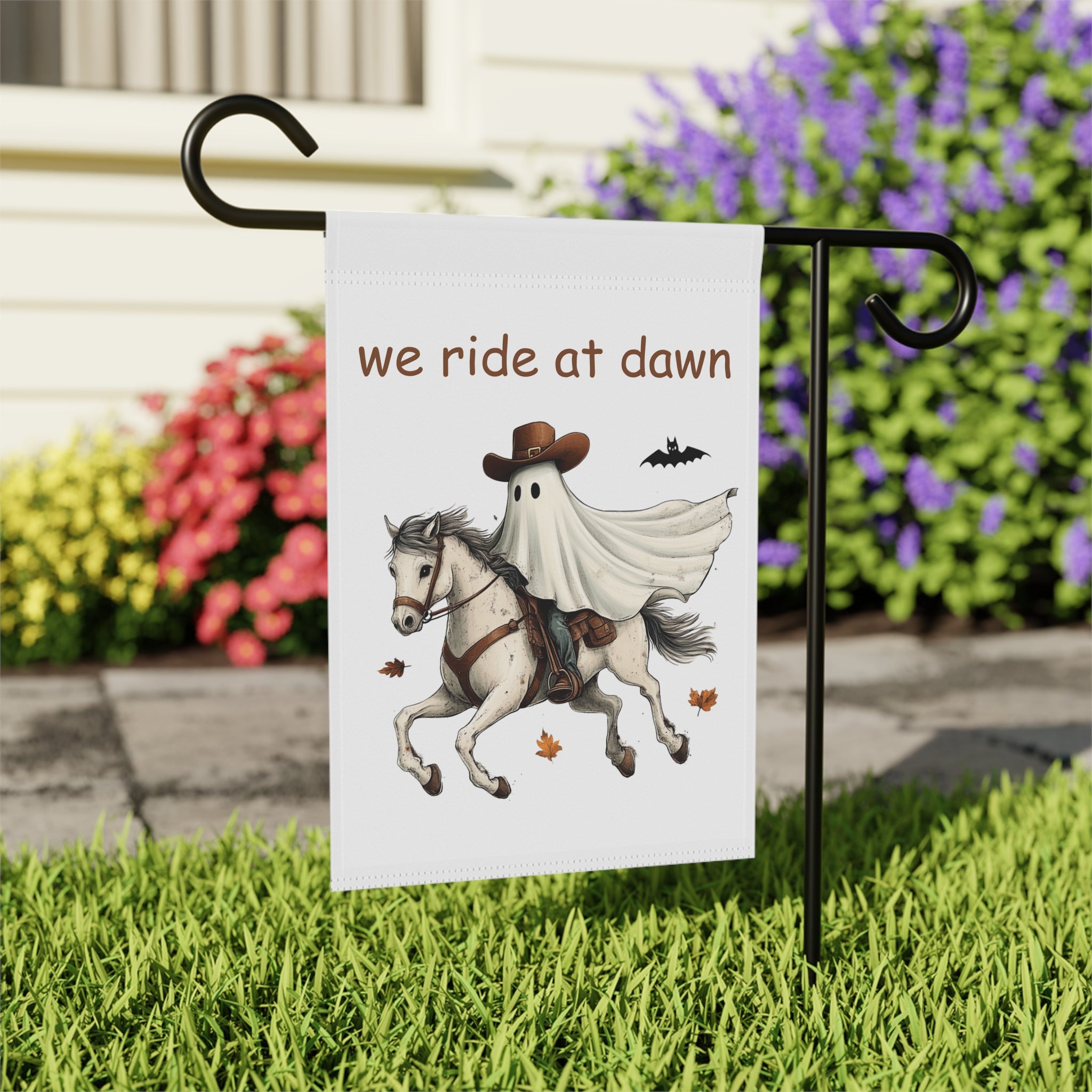 We Ride At Dawn Ghost Cowboy Garden Flag 12x18 – Funny Scary Yard Decor