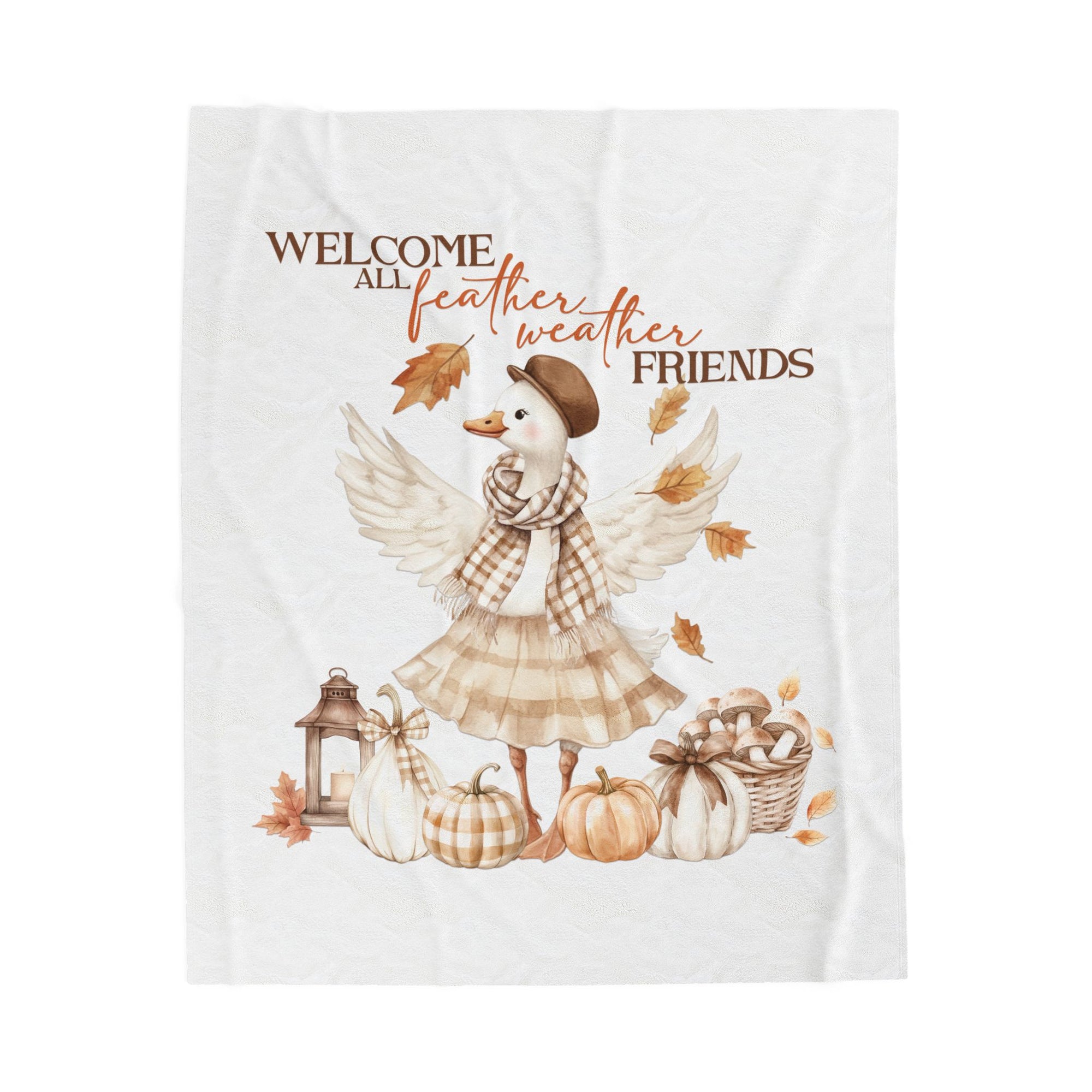 Decorative towel with a cartoon goose in a plaid dress and hat, surrounded by pumpkins and autumn leaves, with text 'Welcome all feather weather friends' on a white background.
