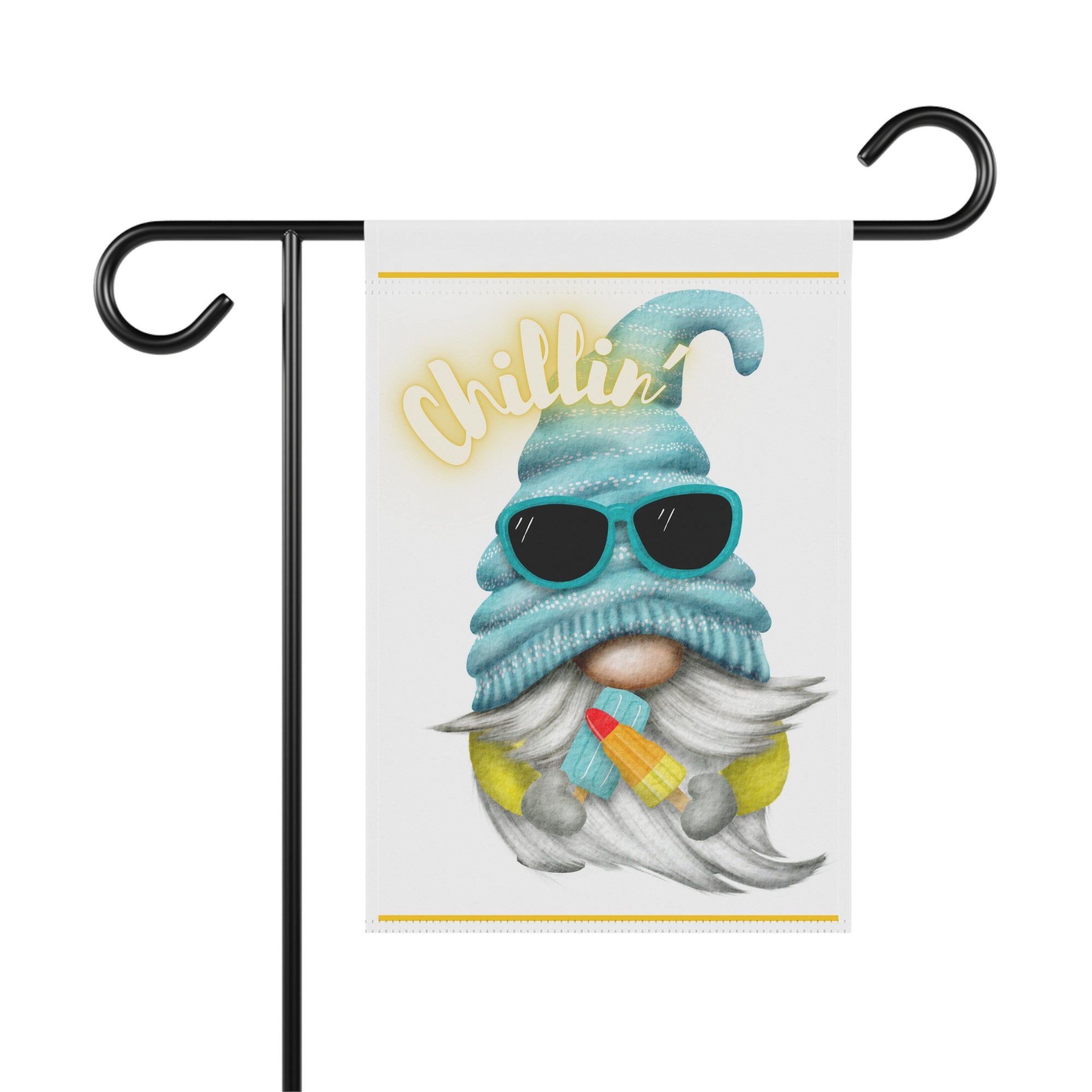Chillin Popsicle Gnome funny summer garden flag with whimsical gnome eating a popsicle