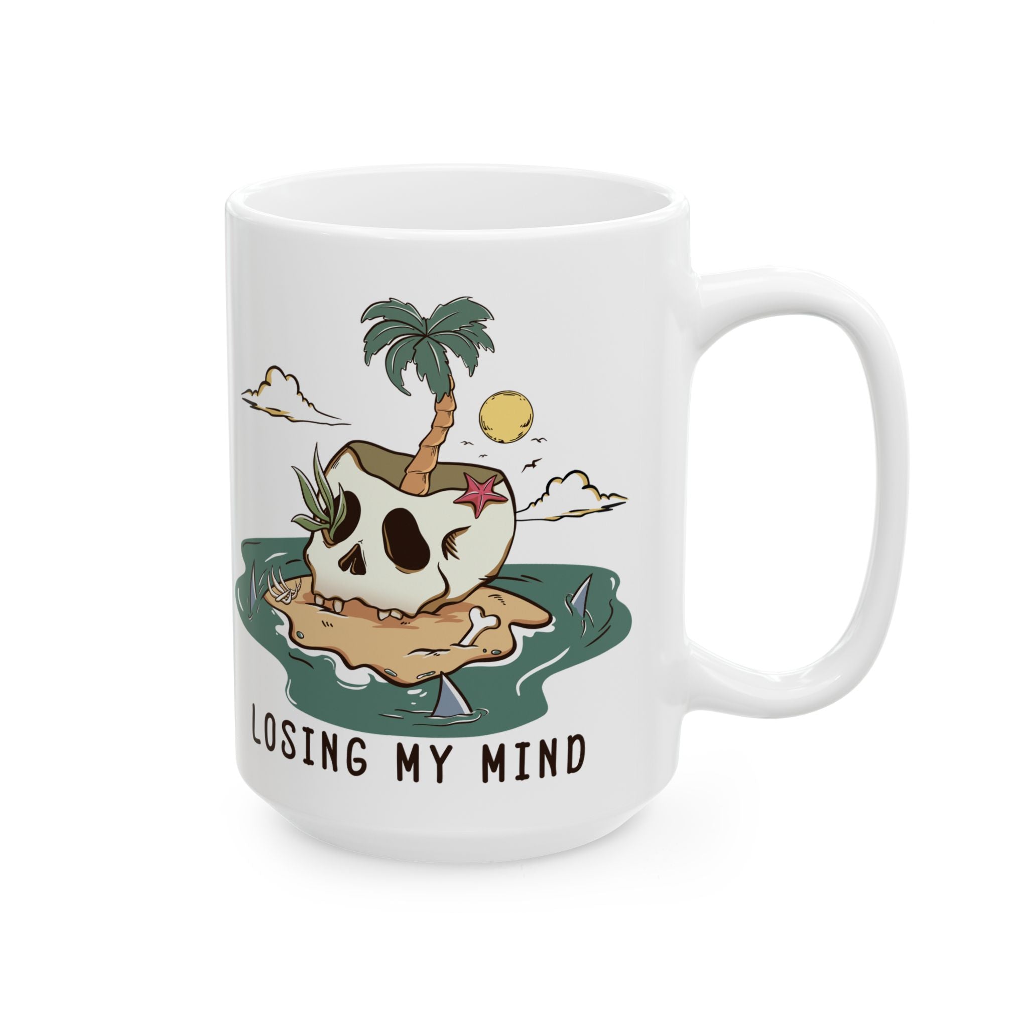 'Losing My Mind' Dark Humor Skeleton Beach Themed Coffee Mug (11oz, 15oz)