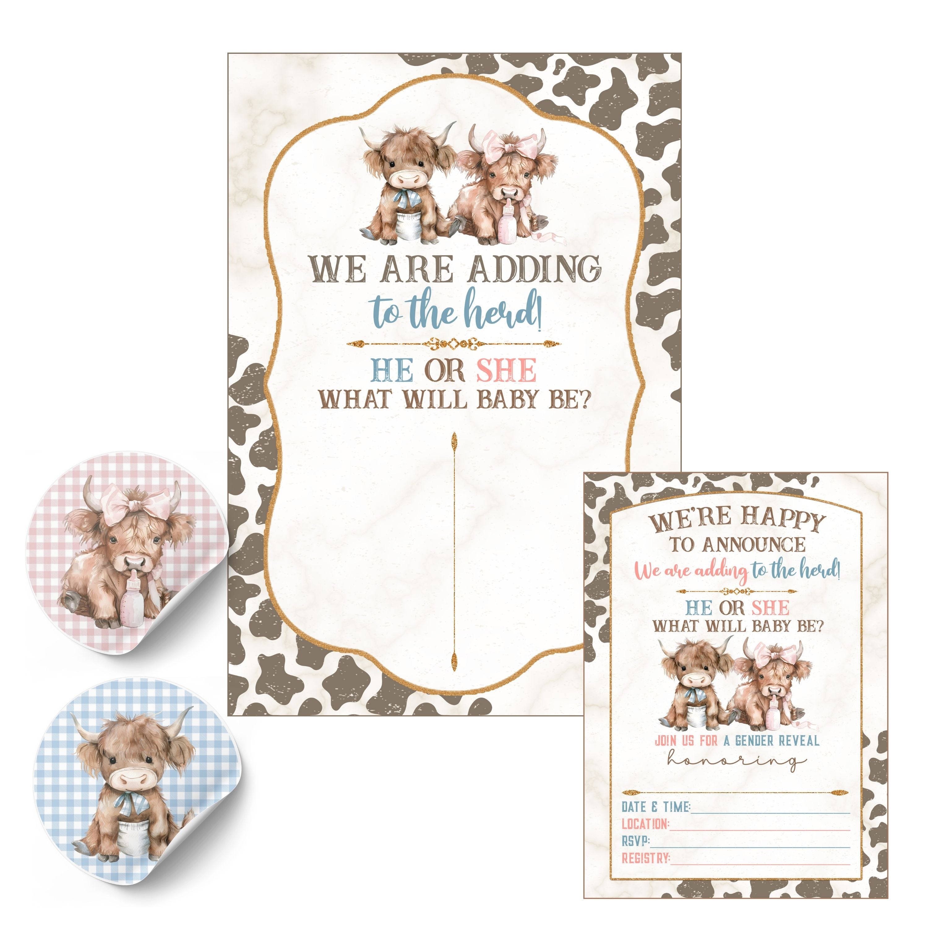 Highland cow print baby shower invitation card set with two circular sticker-style samples showing gingham and gingham check designs, featuring watercolor Highland cows and text reading 'We are adding to the herd! He or she what will baby be?'.