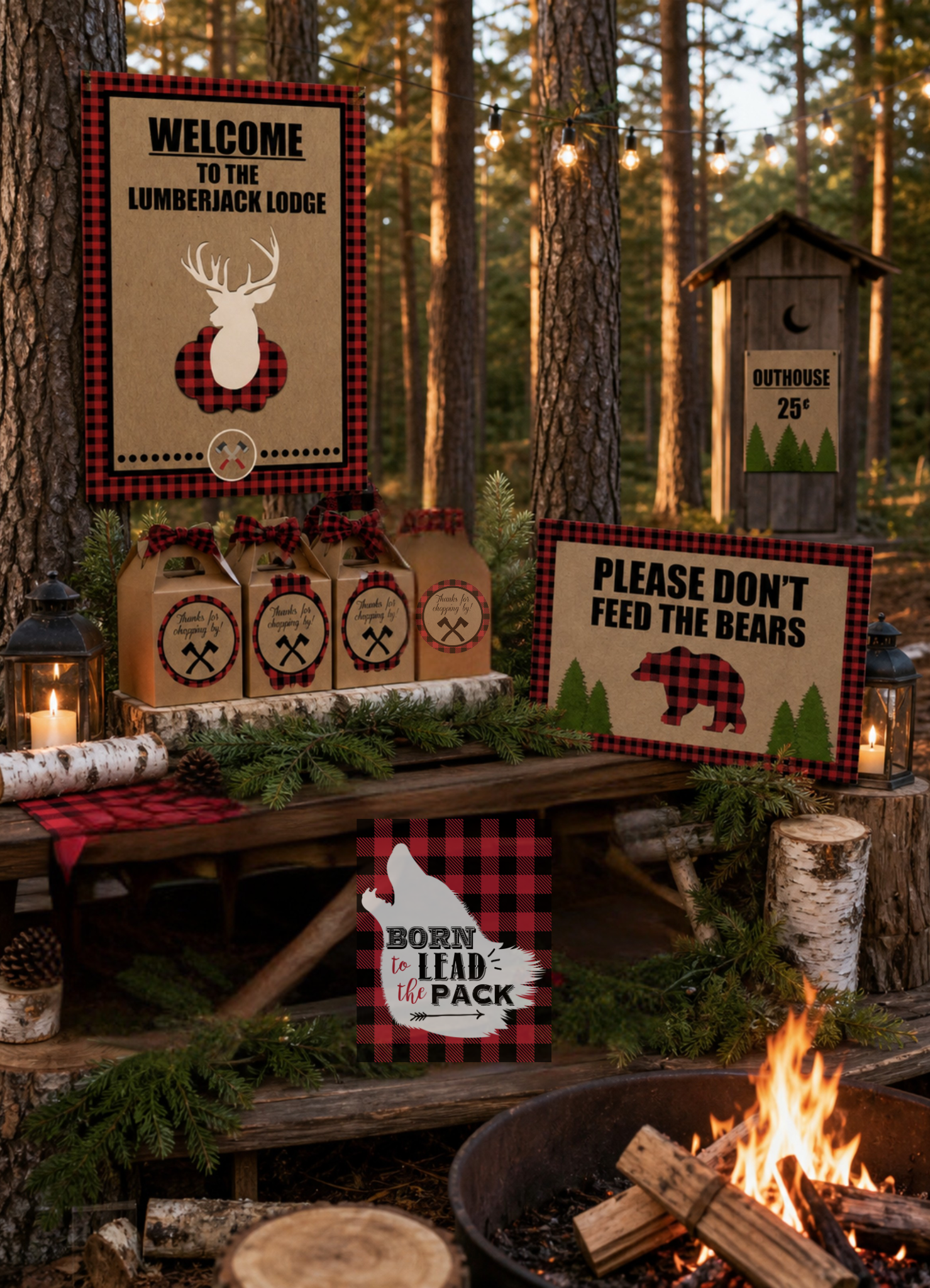 Lumberjack pin-the-axe party game poster with axe stickers for up to 12 players