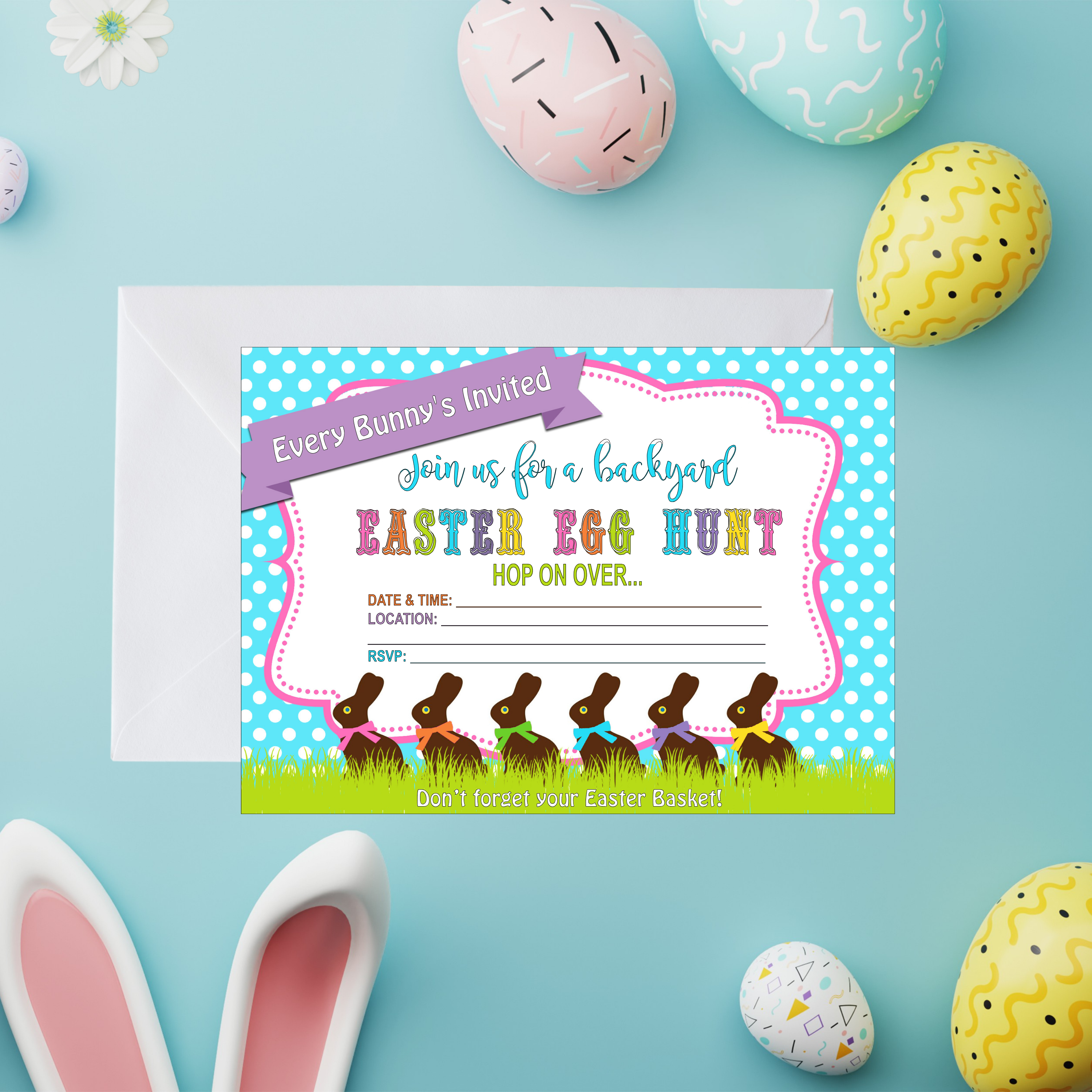 Easter egg hunt invitation card with colorful design on a blue background with Easter eggs and bunny ears.