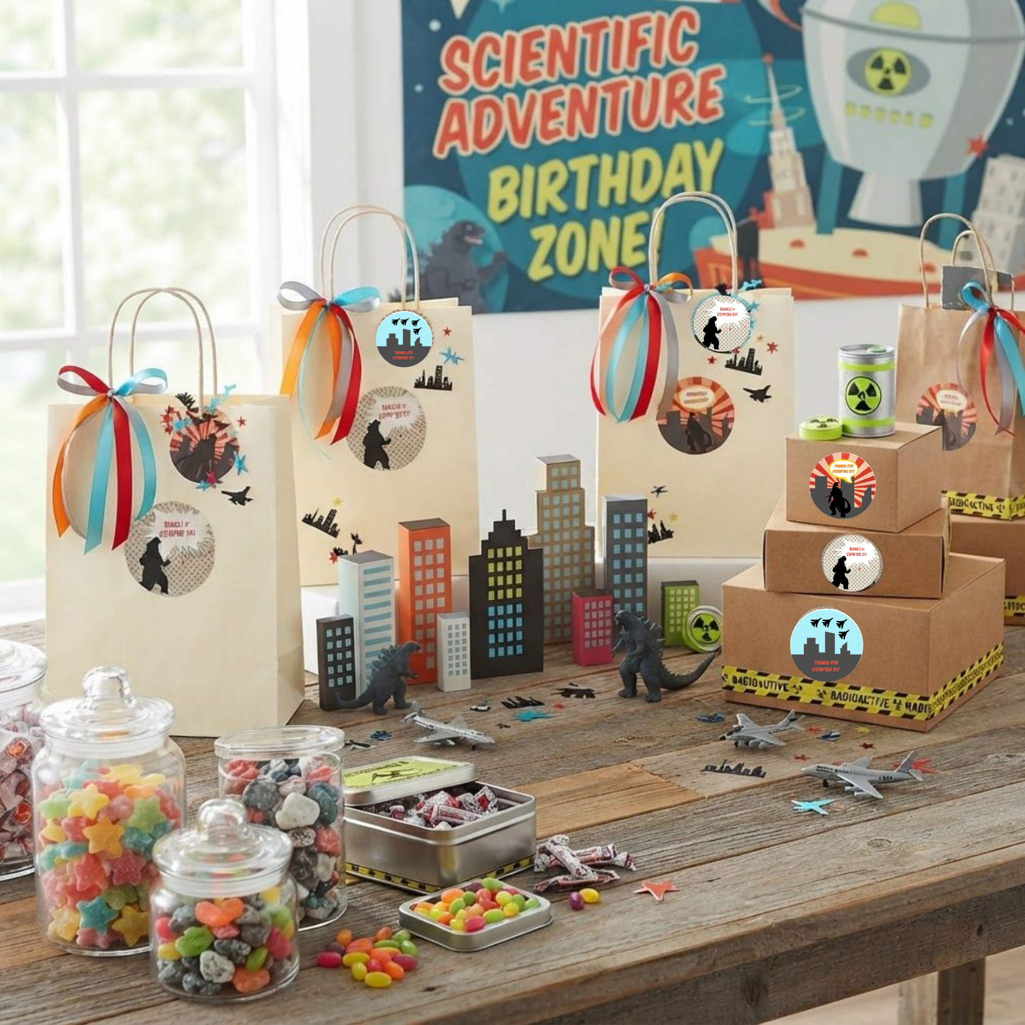 Monster party thank you postcards with retro sci-fi city skyline artwork
