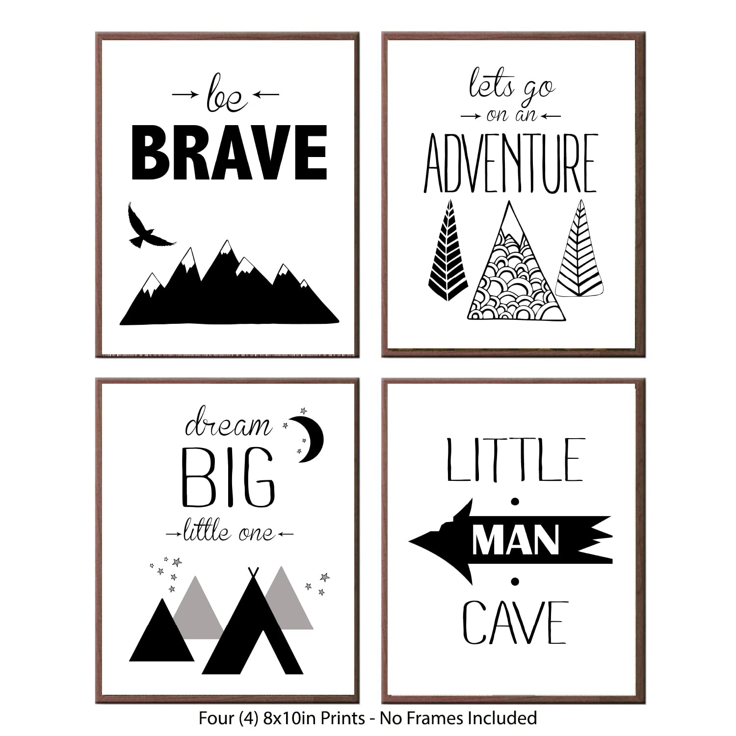 Brave Little Man Cave - Black White Grey Adventure Themed Children Nursery Room Wall Decor Art Prints (Set of Four) Dream Big Little One Hanging Picture Posters Minimalist