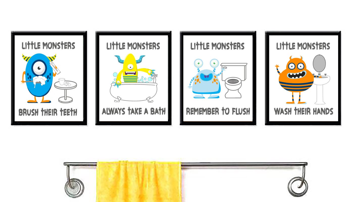 Fun Monster Kids Bathroom Wall Art Prints - Set of 4