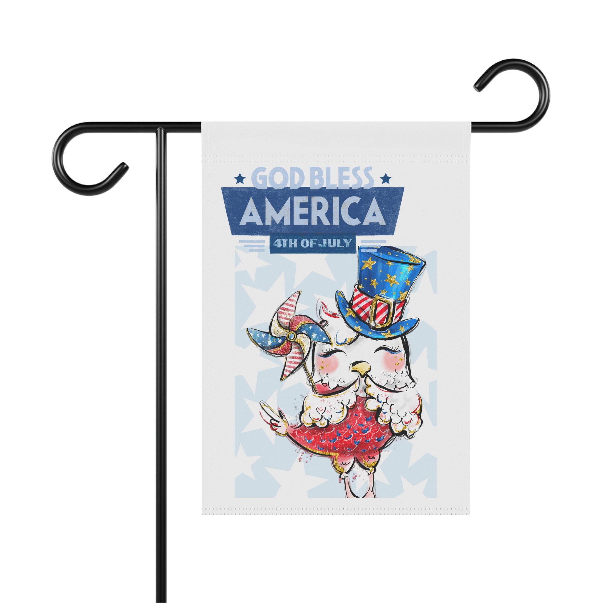 Liberty Chicken funny patriotic garden flag with chicken in red, white, and blue