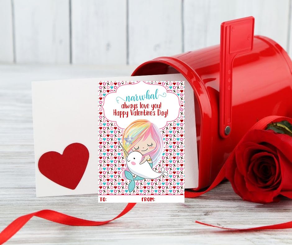 Magical Unicorn Mermaid Narwhal Themed Valentine Day Classroom Sharing Card Set (24 Included) Exchange Valentine's Kids Rainbow