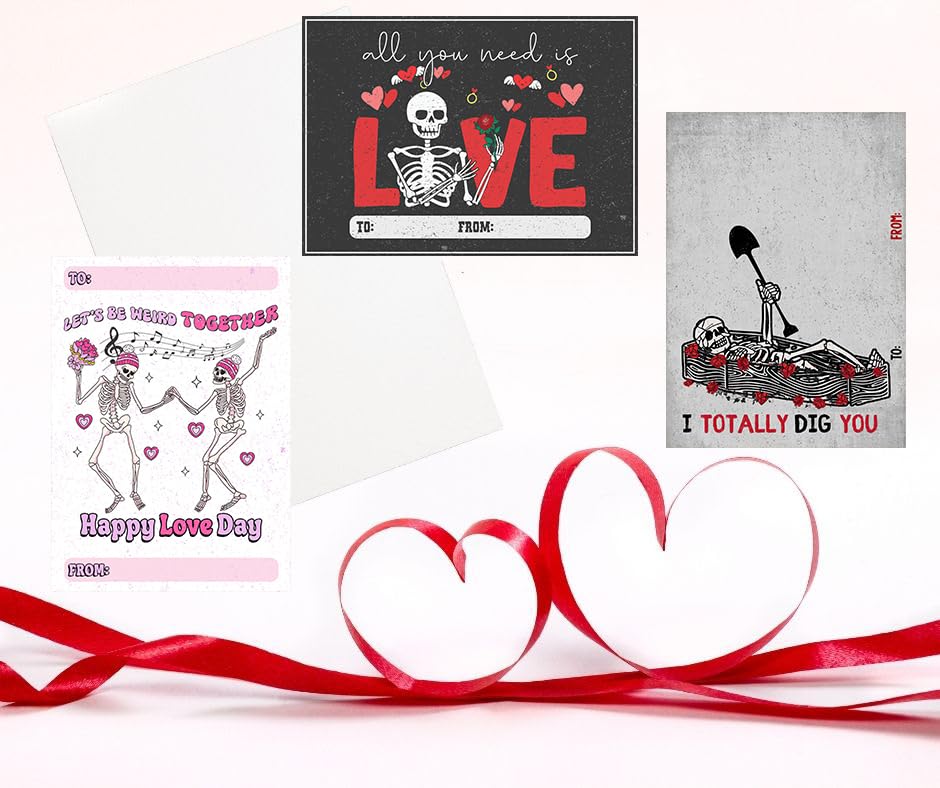 Funny Snarky Skeleton Valentine's Day Classroom Sharing Card Set of 24, Assorted Designs - You're My Favorite Weirdo!