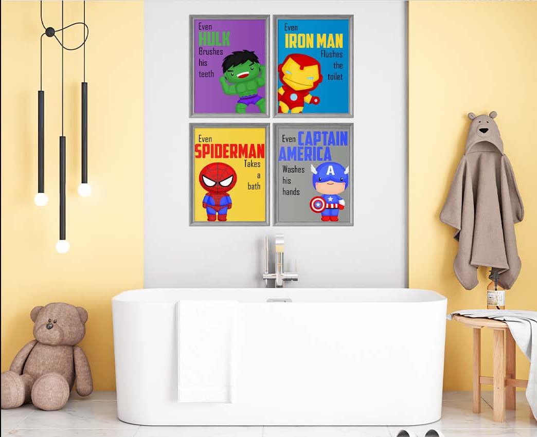 Superhero themed boys bathroom wall art print funny rules set