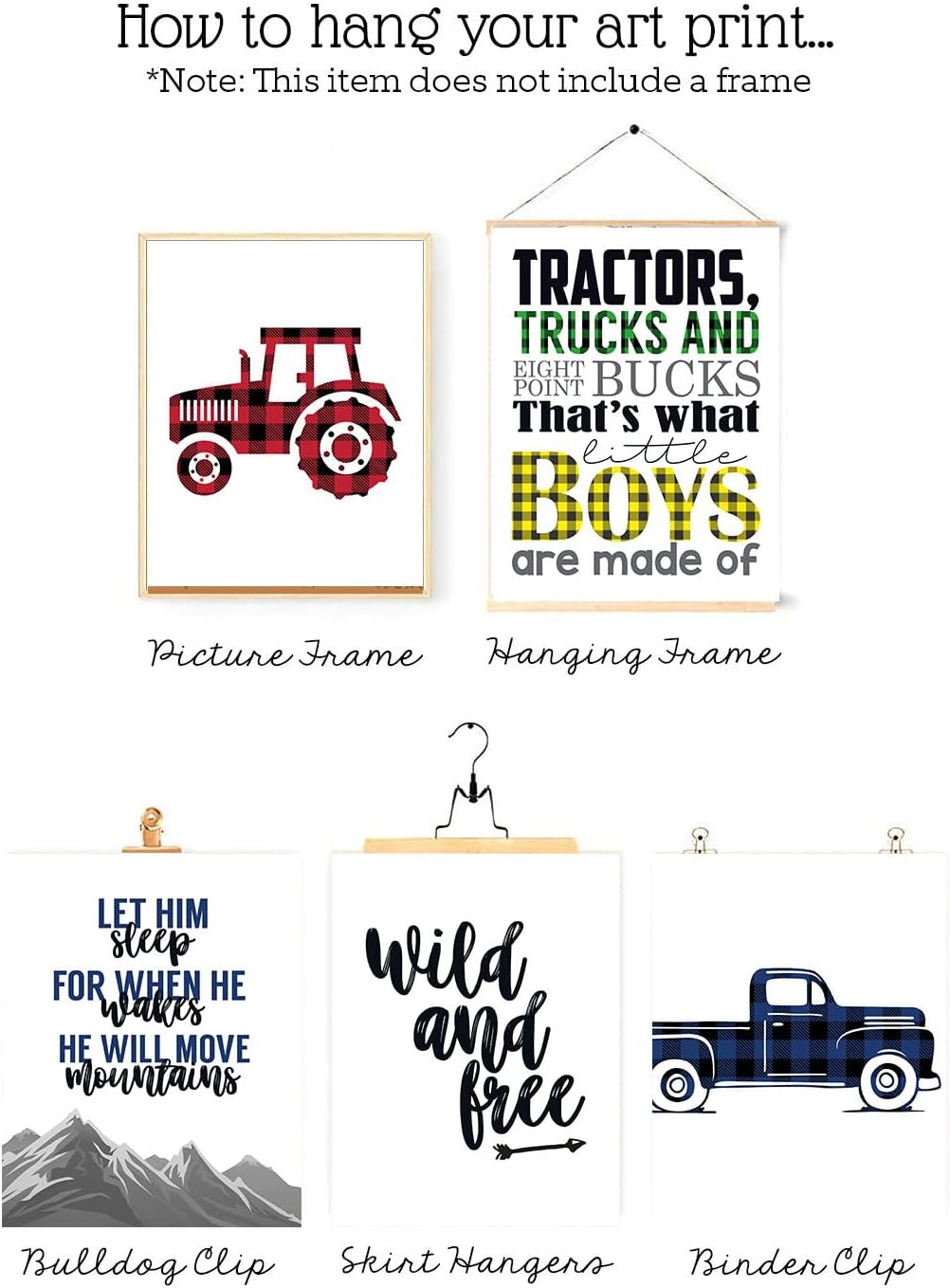 Green Yellow Buffalo Plaid Deer Tractor Truck Hunting Themed Children Wall Art Print Decor