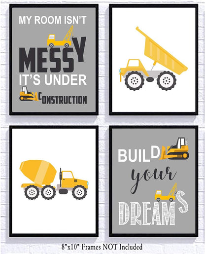 Silly Goose Gifts Grey Construction Truck Themed Art Print Room Wall Decoration (Set or Four) No Frames Decor Poster