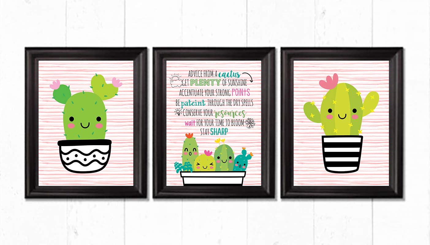 Advice From A Cactus Wall Art Decor (Set of Three) Prints Kawaii Happy Pink Black