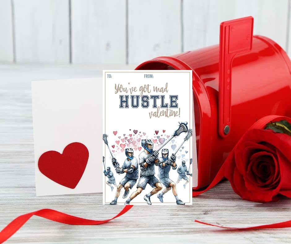 Lacrosse Vibes Sports Themed Valentines Day Card for Kids School Classroom Exchange (24 included) You've Got Mad Hussle Valentine