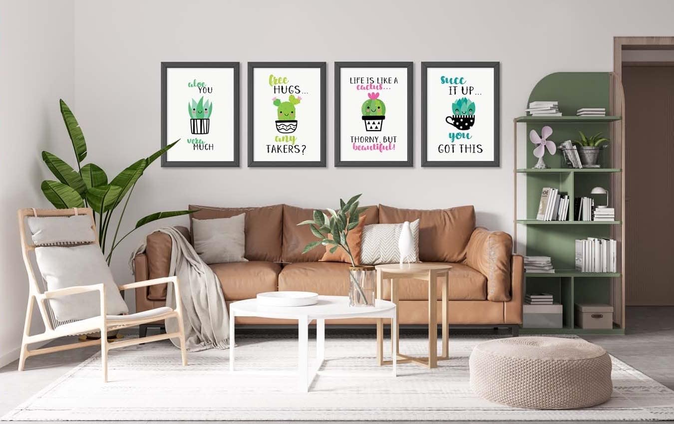 Adorable Cactus Succulent Uplifting Wall Art Decor Prints Signs Poster Inspirational Sayings (Set of Four) Kawaii Cutesy Cheery