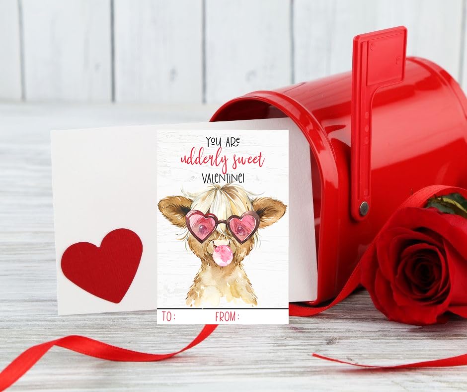 Darling Watercolor Cow Calf Farm Themed Valentines Day Card for Kids School Classroom Exchange (Set of 25) Farmhouse Country Highland