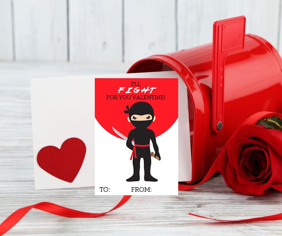 Ninja Themed Valentine's Day Card Set (Set of 25) Valentine Classroom School Sharing Exchange Kids Children