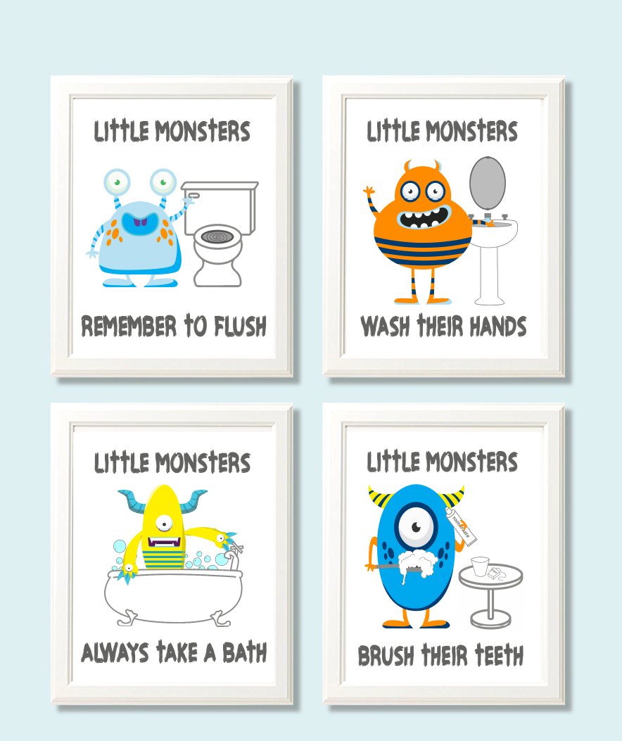 Fun Monster Children Bathroom Wall Art Print Decor (Set of Four) Picture Decoration