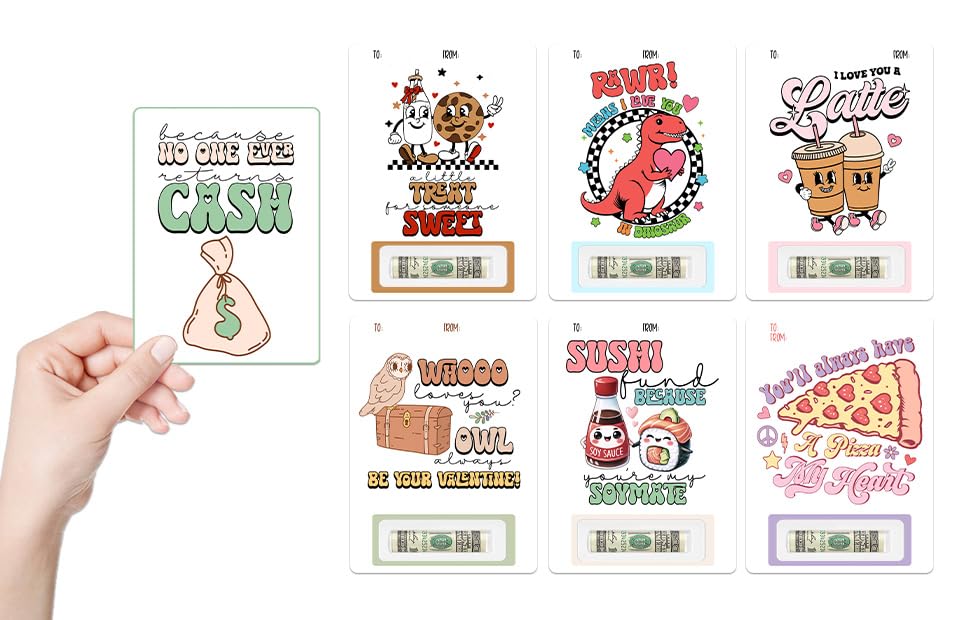 Food pun Valentine money holder cards set of 6 with plastic domes for cash